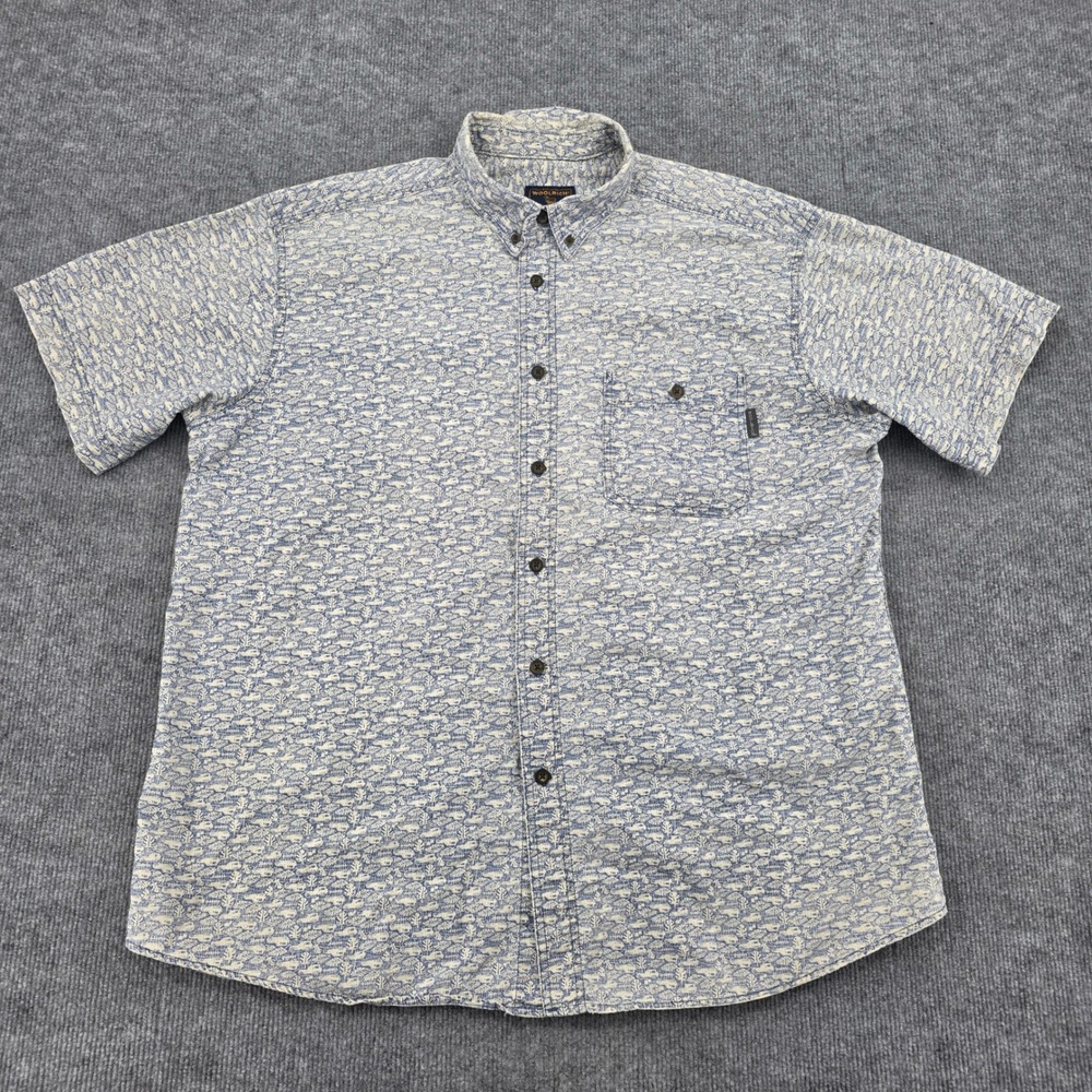 Woolrich Mens Blue White Camper Van Tropical Print SS Button Down Shirt